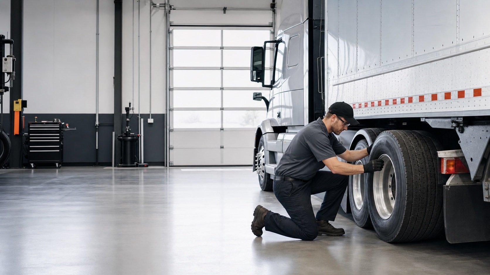Commercial tire technician servicing a semi truck in a shop bay