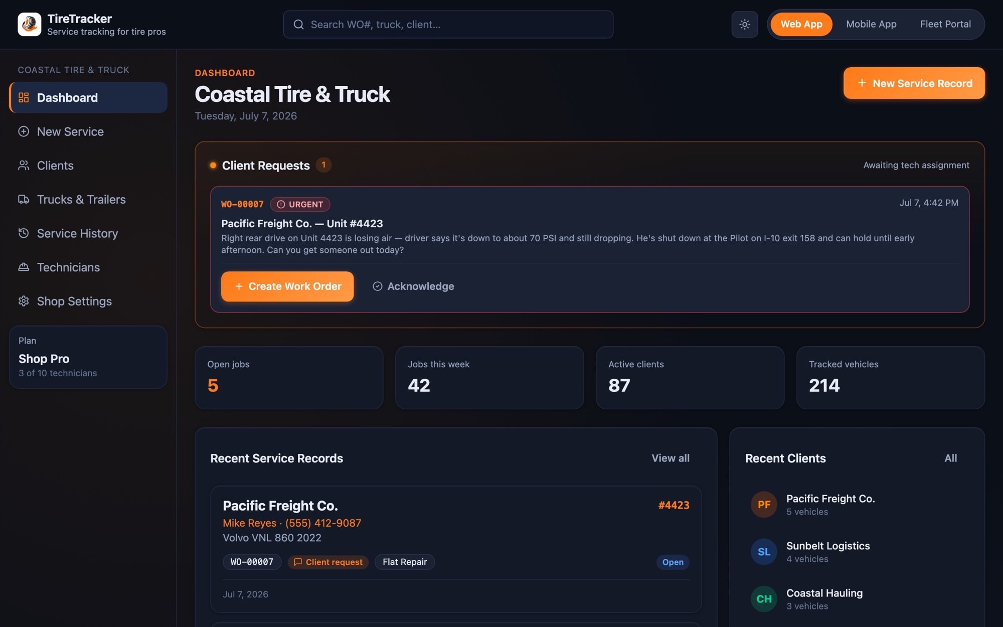 TireTracker office dashboard with service requests and active work orders